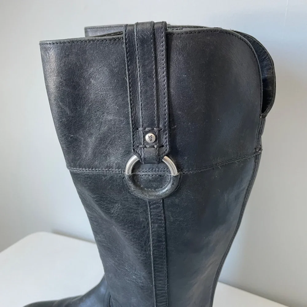 Frye Jamie Ring Tall Distressed Black Leather Riding Boots Size Women's 9